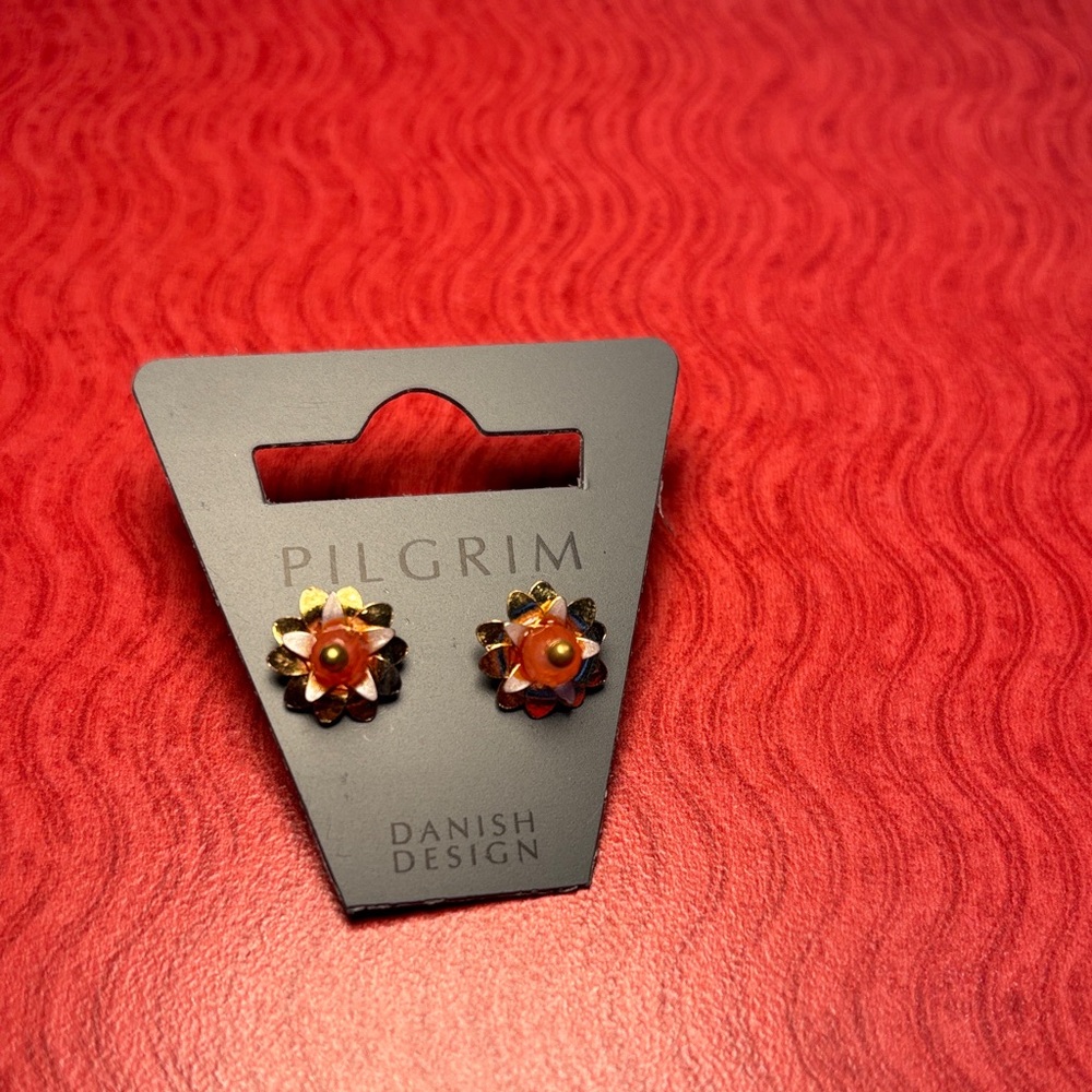 (#102) Pilgrim Floral Stud Earrings in Gold and Orange